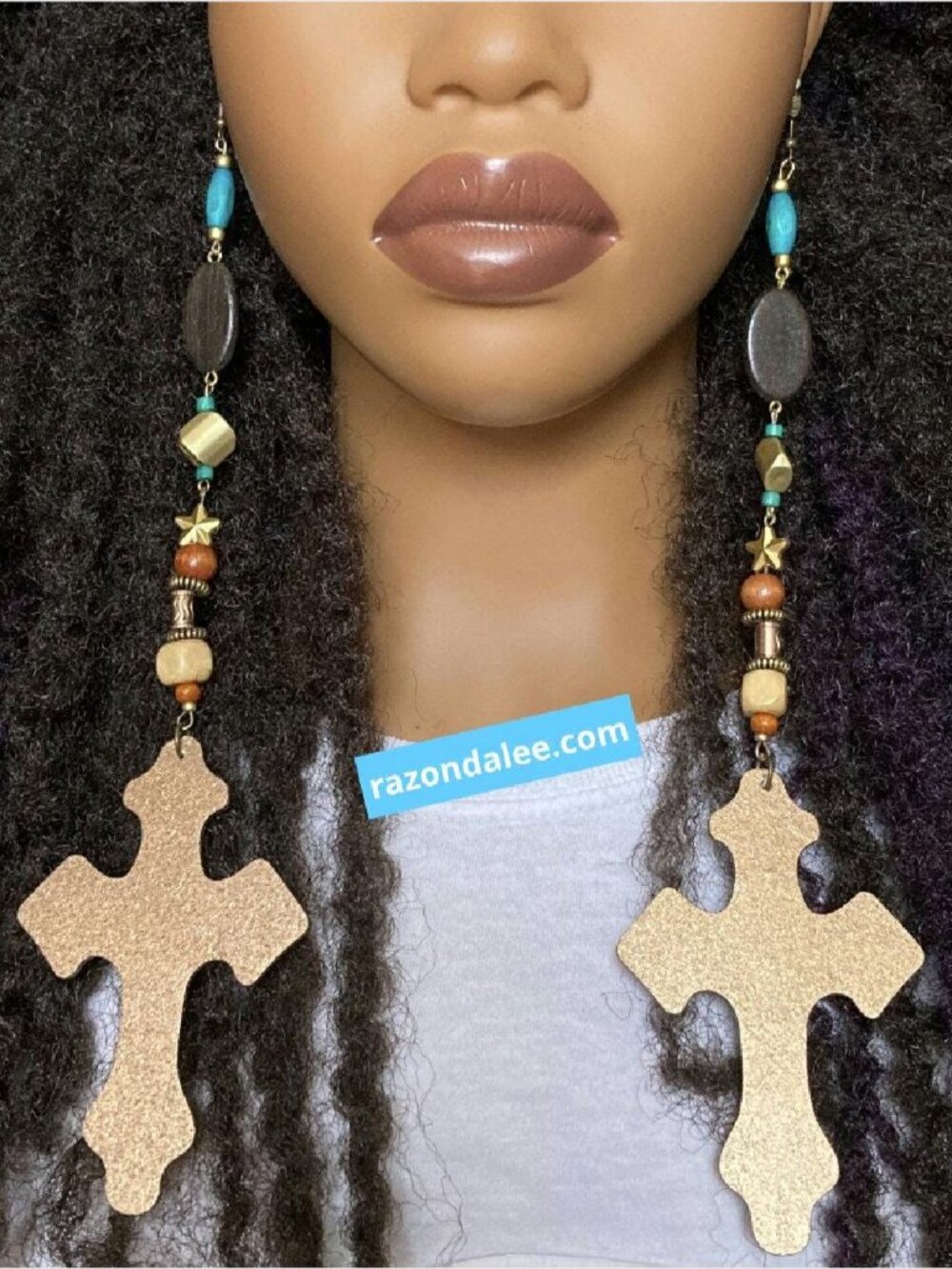Elongated Dangle Earrings Wooden Crosses Antique Gold Multi by Razonda Lee